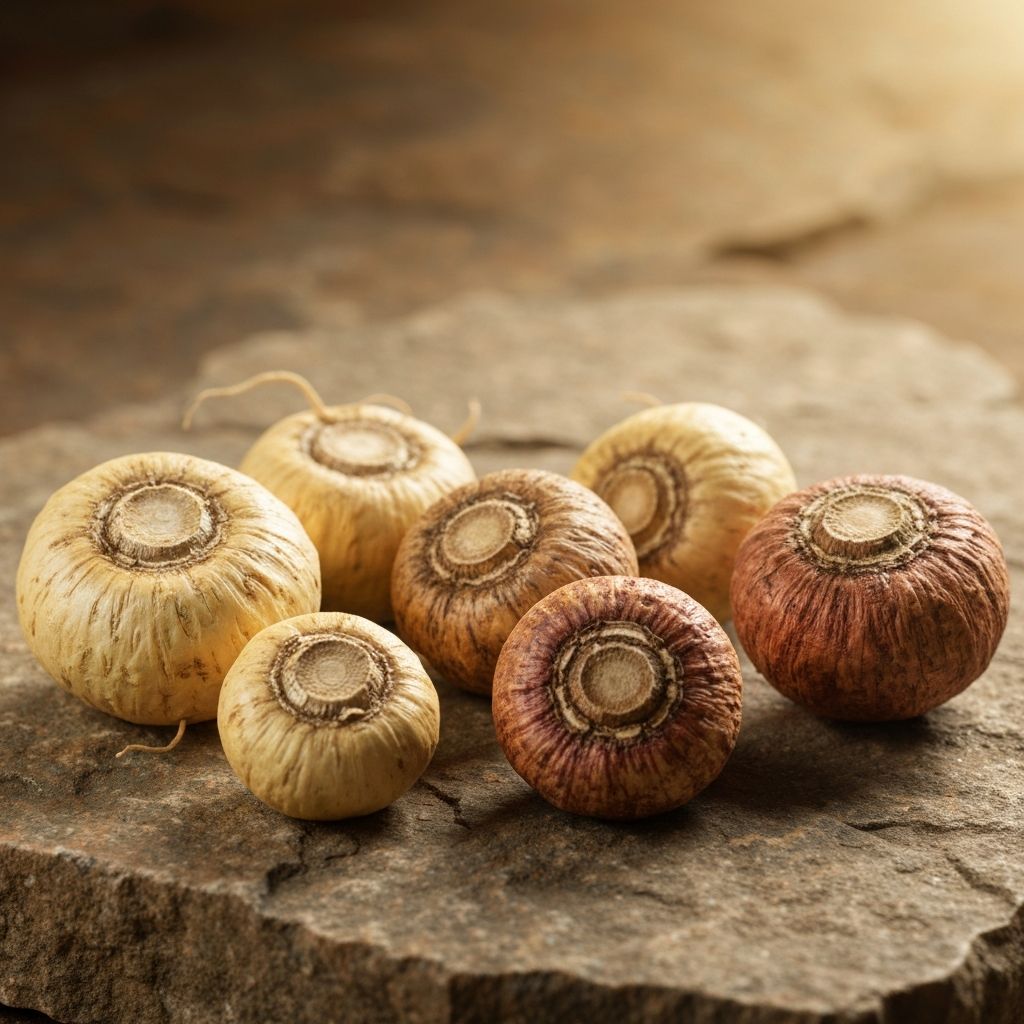 Whole dried maca root pieces with varied colors